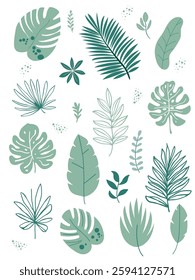 Set of tropical leaves in modern flat style. Perfect for botanical designs, invitations, posters, textiles, patterns, packaging, and creative projects. Summer holidays, vacation travel illustrations.