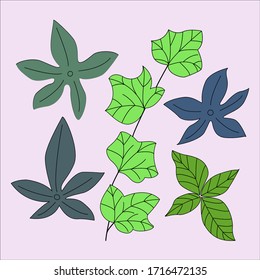 Set of tropical leaves on a blue background in vector graphics. For the design of postcards, prints, banners, wallpapers, notebook covers.