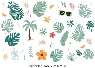 Set of tropical leaves, palm trees, and summer-themed elements in trendy flat design. Ideal for seasonal projects, wedding invitations, party decor, greeting cards, posters, fabrics, and web designs