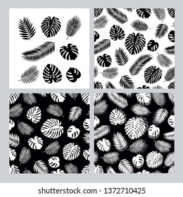 Set of tropical leaves and seamless pattern for textile, wallpapers, gift wrap, covers, scrapbook. Black and white vector illustration.