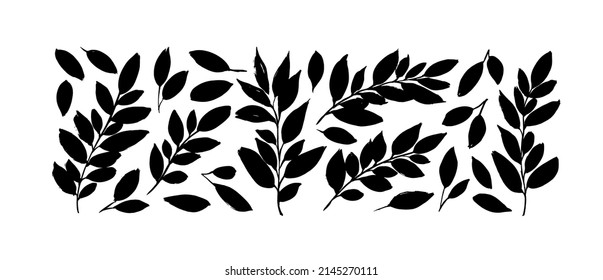 Set of tropical leaves in silhouettes. Hand drawn black brush leaves isolated on white background. Grunge plant silhouettes. Hand drawn eucalyptus foliage, herbs, tree branches. Modern illustrations 