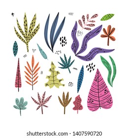 Set tropical leaves in trendy hand drawn style. Isolated vector illustrations.