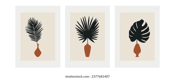 Set of tropical leaves in vases in boho style. Minimalistic illustration in earthy tones for decorating walls, booklets, postcards. Drawn by hand.	