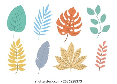 Set of tropical leaves vector illustration. Suitable for clip art, stickers, flat design illustration, etc