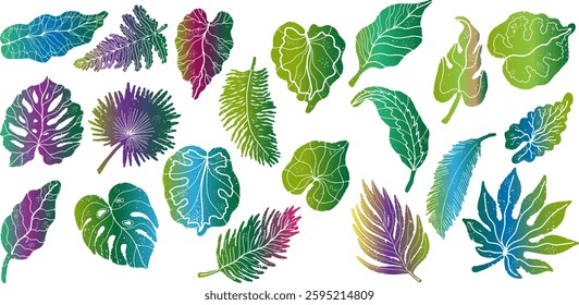 A set of tropical leaves with vibrant gradient hues and expressive texture. Ideal for design, prints, packaging, textiles, digital art and decorative projects.