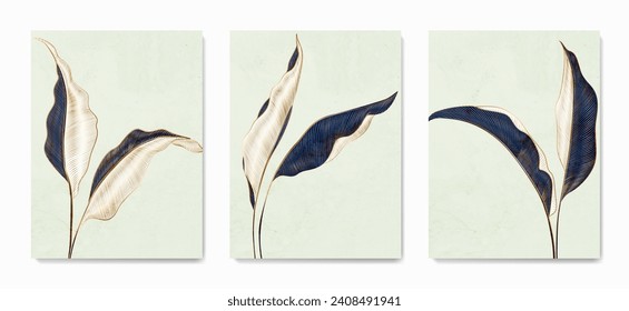 Set of tropical leaves in white and blue colors with gold elements in line style. Botanical set for decoration, print, textile, wallpaper, interior design, poster.