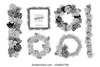 Set of tropical leaves. Wreaths, frame, garlands, bouquet. For decorating postcards, invitations, banners, textiles.