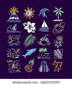 Set of tropical and leisure elements. Colorful and stylized art with simple and uncluttered lines.