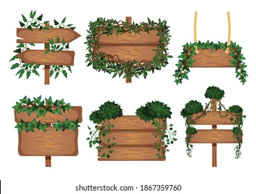 Set of tropical lianas wooden boards icons with isolated images of signboards wrapped by vine leaves vector illustration