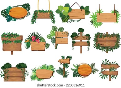 Set of tropical lianas wooden boards s with isolated images of signboards wrapped by vine leaves