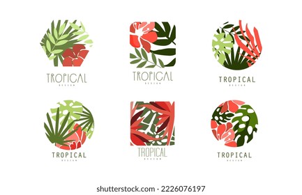 Set of tropical logo design. Labels with exotic plants and flowers for florists studio, cosmetics, ecological project, spa flat vector illustration