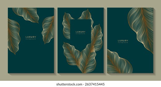 Set of tropical luxury templates with gold leaves. Linear leaf on green background. Botanical wedding invitations with plants. Floral pattern