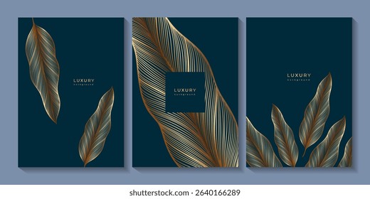 Set of tropical luxury templates with gold leaves. Linear banana leaf on dark blue background. Botanical wedding invitations with plants. Floral pattern