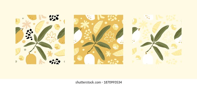 Set of tropical mango patterns. Vector backgrounds in mustard colors with mango fruits and leaves. Transparent colored and white options.