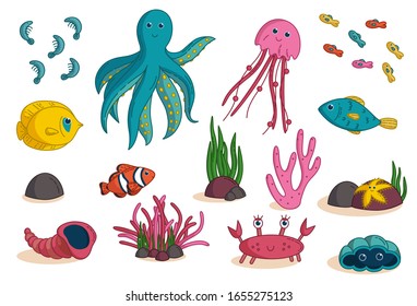 Set of tropical marine species: octopus, butterflyfish, clownfish, coral, shells, etc. Elemets for kids clothes and items design. Vector illustration in cute cartoon style