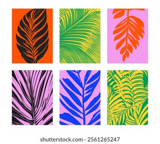 Set of tropical minimalistic illustrations. Colorful floral poster, cover, card.