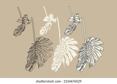 Set of tropical monstera leaves isolated on a beige background. Hand drawing, black and white graphics