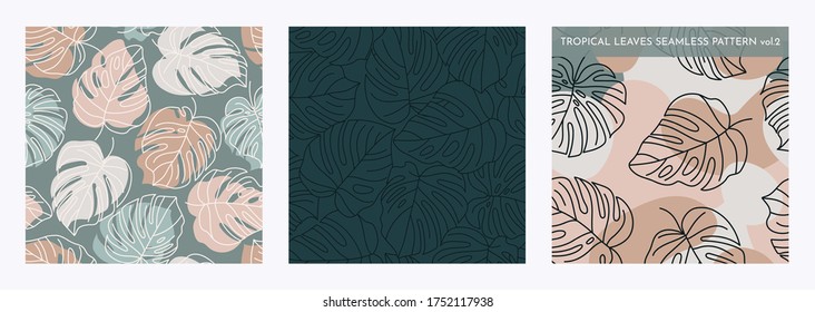 Set of Tropical Monstera Seamless Leaf Patterns. Vector floral background in a trendy minimalistic linear style in pastel colors for printing packaging, fabric, t-shirts, covers, posters. Vol. 2