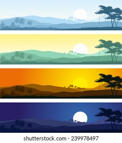 Set of tropical mountain landscape in various times of day.Vector illustration.