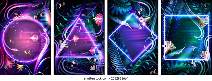 Set of tropical neon frames. Floral background with glowing tropic leaves and illuminated border of different geometric shapes. Bright palm leaf and exotic plants realistic vector illustration.