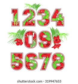 Set of tropical numbers decorated with palm leaves and hibiscus flowers, vector illustration can be used for fashion prints or posters