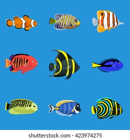 Set of tropical ocean fishes, vector illustration