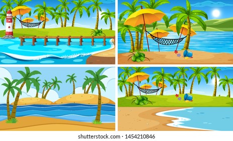 Set of tropical ocean nature scenes with beaches illustration