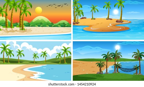 Set of tropical ocean nature scenes with beaches illustration