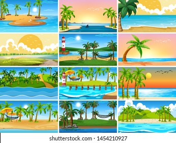 Set of tropical ocean nature scenes with beaches illustration