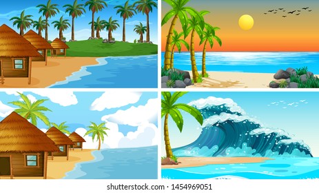 Set of tropical ocean nature scenes with beaches illustration