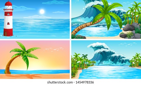 Set of tropical ocean nature scenes with beaches illustration