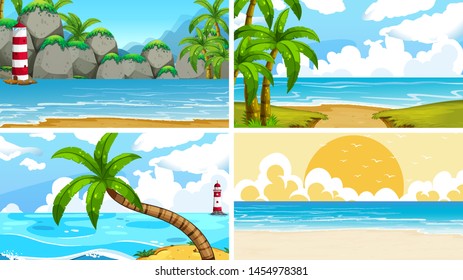 Set of tropical ocean nature scenes with beaches illustration