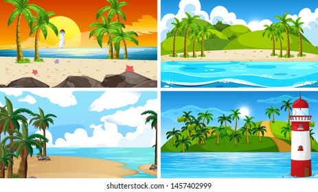 Set of tropical ocean nature scenes with beaches illustration