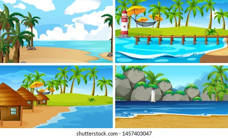 Set of tropical ocean nature scenes with beaches illustration