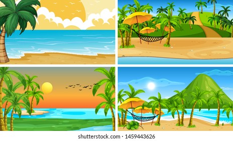 Set of tropical ocean nature scenes with beaches illustration