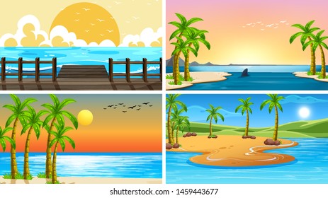 Set of tropical ocean nature scenes with beaches illustration