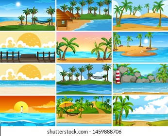 Set of tropical ocean nature scenes with beaches illustration