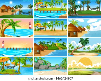 Set of tropical ocean nature scenes with beaches illustration