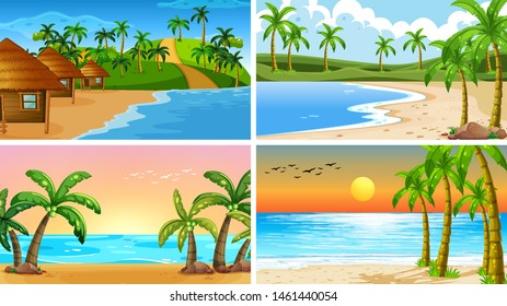 Set of tropical ocean nature scenes with beaches illustration