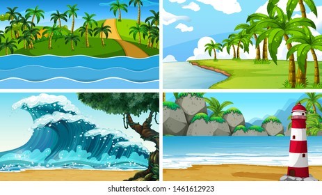 Set of tropical ocean nature scenes with beaches illustration