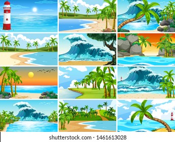 Set of tropical ocean nature scenes with beaches illustration