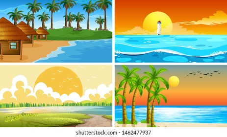 Escenarios de naturaleza oceánica tropical con ilustraciones de playas Vector de stock