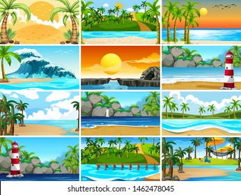 Set of tropical ocean nature scenes with beaches illustration