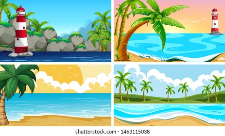 Set of tropical ocean nature scenes with beaches illustration