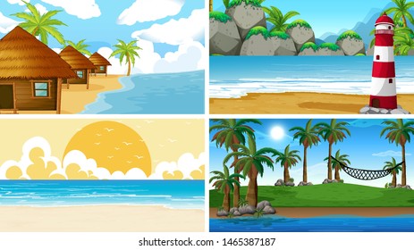 Set of tropical ocean nature scenes with beaches illustration