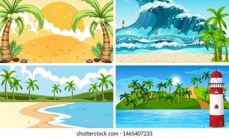 Set of tropical ocean nature scenes with beaches illustration