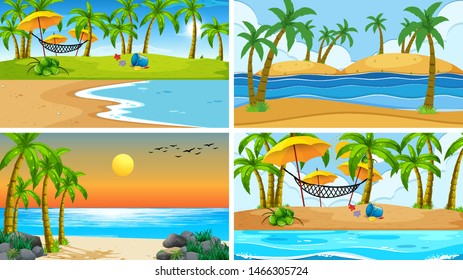 Set of tropical ocean nature scenes with beaches illustration