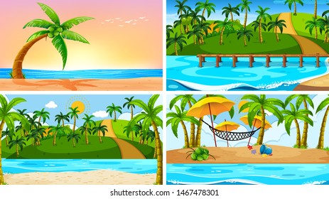 Set of tropical ocean nature scenes with beaches illustration