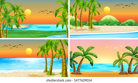 Set of tropical ocean nature scenes with beaches illustration