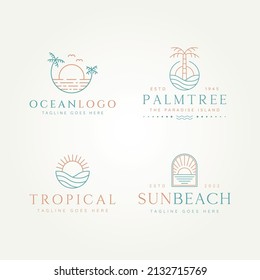 set of tropical ocean sun beach simple line art logo template vector illustration design. simple modern holiday, vacation, resort logo concept